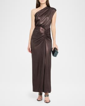 Coated Jersey Ruched One-Shoulder Gown