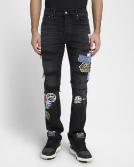 Men's Patchwork Slim-Fit Distressed Jeans