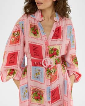 Noddy Belted Stamp-Print Linen Maxi Shirtdress