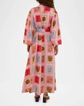 Noddy Belted Stamp-Print Linen Maxi Shirtdress