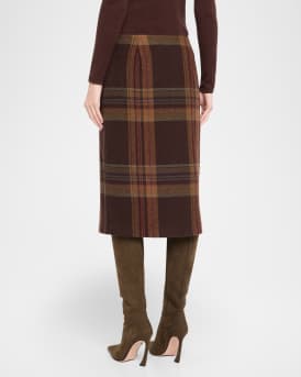 Plaid Tweed Faux Wrap Midi Skirt