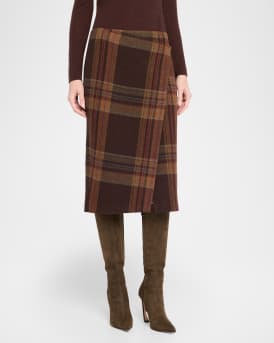 Plaid Tweed Faux Wrap Midi Skirt