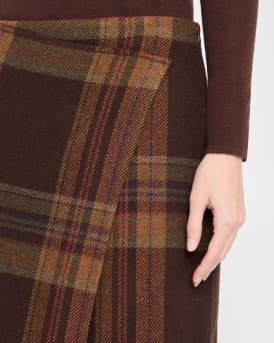 Plaid Tweed Faux Wrap Midi Skirt