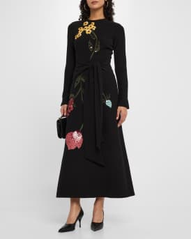 Floral Embroidered Long-Sleeve Tie Waist Midi Dress