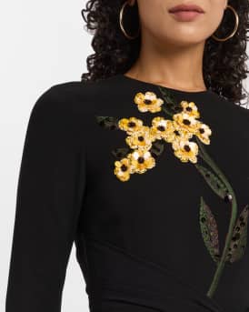 Floral Embroidered Long-Sleeve Tie Waist Midi Dress