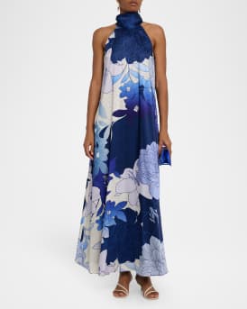 Sky Rhinestone Floral-Print Halter Maxi Dress