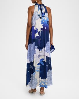 Sky Rhinestone Floral-Print Halter Maxi Dress