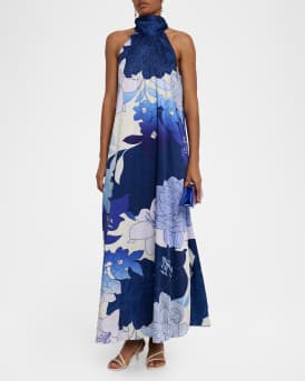 Sky Rhinestone Floral-Print Halter Maxi Dress
