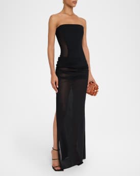Strapless Draped Power Mesh Corset Column Gown