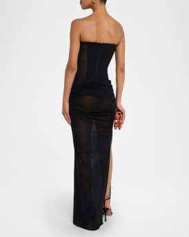 Strapless Draped Power Mesh Corset Column Gown