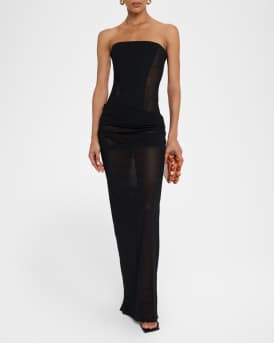 Strapless Draped Power Mesh Corset Column Gown