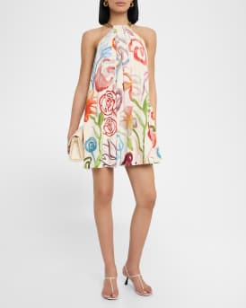 Bijou Draped Floral-Print Halter Mini Dress