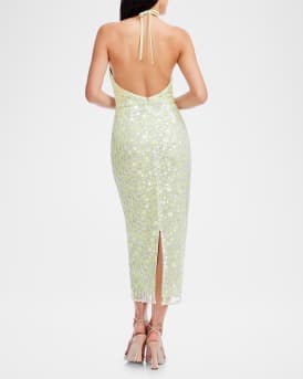 Dani Low-Back Sequin Halter Midi Dress