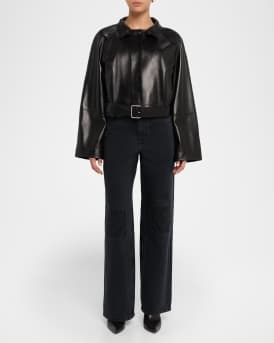 High-Neck Leather Belted Crop Trench Jacket