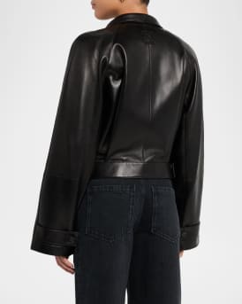 High-Neck Leather Belted Crop Trench Jacket
