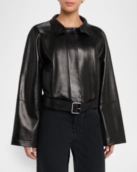 High-Neck Leather Belted Crop Trench Jacket