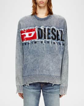Men's K-Fronzi Frayed Denim Logo Crewneck Sweater
