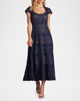 Pleated Mesh & Textured Lace Midi Dress