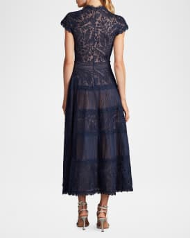 Pleated Mesh & Textured Lace Midi Dress