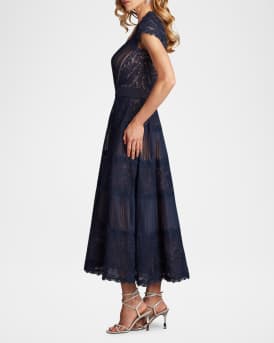Pleated Mesh & Textured Lace Midi Dress