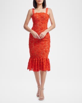 Desiree Floral Lace Flounce Mermaid Midi Dress