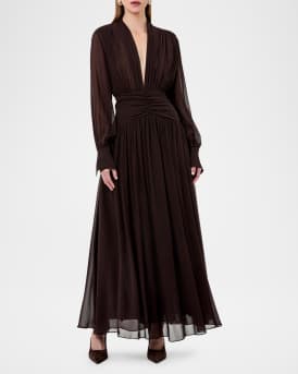 Jocelyn Ruched Deep V-Neck Gown
