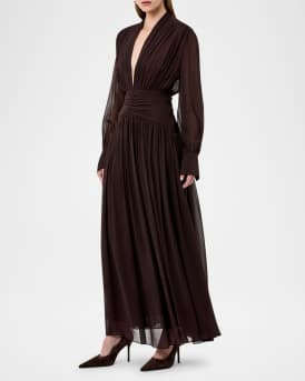 Jocelyn Ruched Deep V-Neck Gown