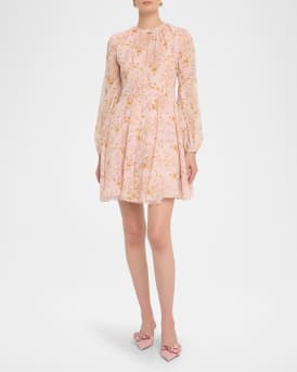 Floral Georgette Long-Sleeve Mini Dress