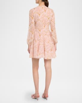 Floral Georgette Long-Sleeve Mini Dress
