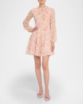 Floral Georgette Long-Sleeve Mini Dress