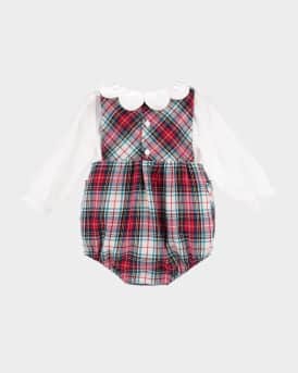 Girl's Gingerbread Plaid Bow Overalls, Size 6M-18M