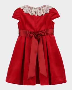 Girl's Pleated Velvet Lace-Collar Dress, Size 4T-6