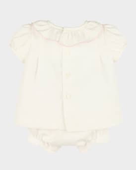 Girl's Pintuck Lace Cotton Dress & Bloomers, Size Newborn-6M