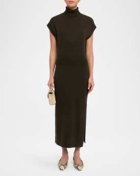 Natalie Wool Short-Sleeve Turtleneck Midi Dress