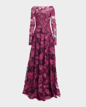 Floral Embroidered Long-Sleeve Illusion Gown