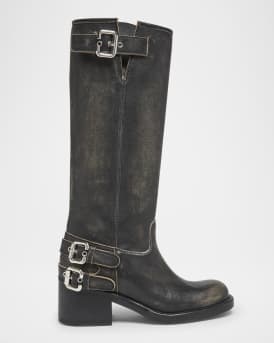 Dakota Burnished Leather Knee-High Moto Boots