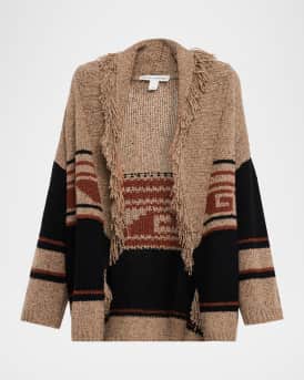 Speckled Fringe-Trim Cashmere Cardigan