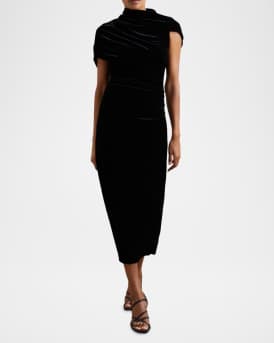 Asymmetric Draped-Neck Ruched Midi Dress