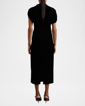 Asymmetric Draped-Neck Ruched Midi Dress