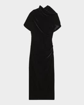 Asymmetric Draped-Neck Ruched Midi Dress