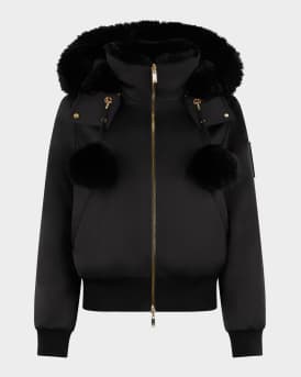 Debbie Satin Bomber Jacket with Removable Hood & Pom Poms