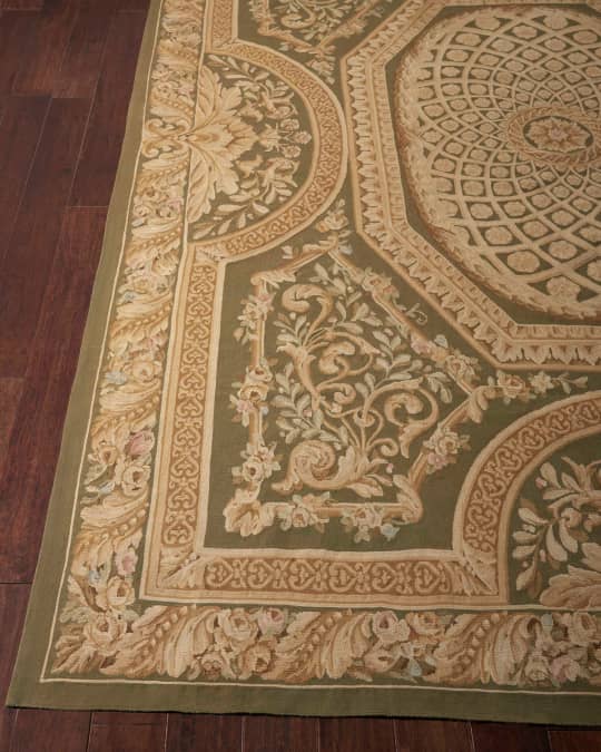 Aubusson Hand-Knotted Olive Rug, 10' x 14'