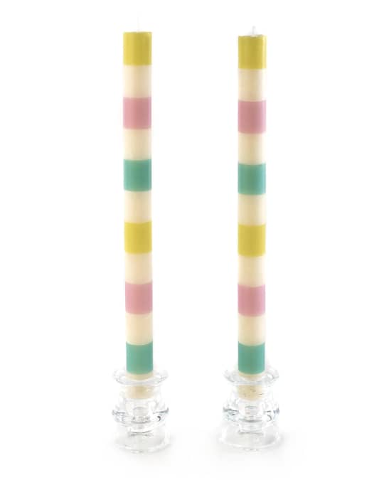 Multi Band Yellow, Pink & Blue Dinner Candles, Set of 2