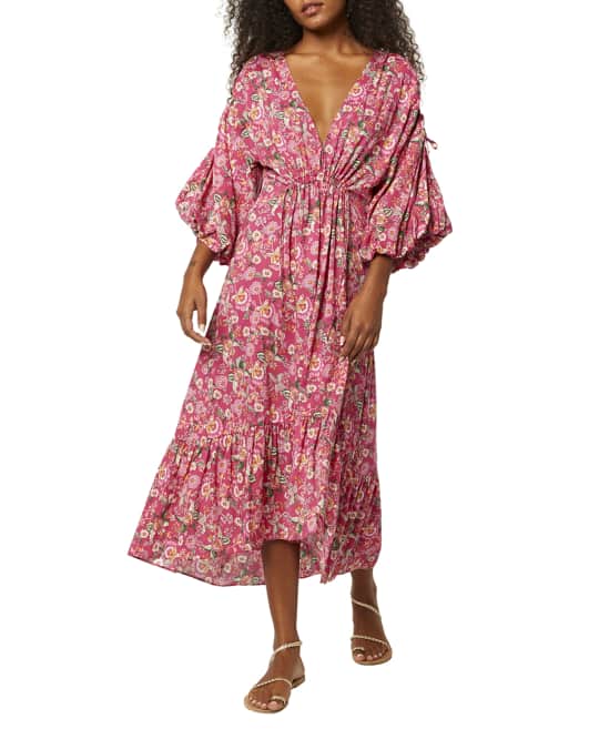MISA Los Angeles Johanna Blouson-Sleeve Floral Long Dress | Neiman Marcus