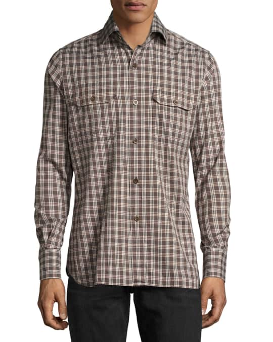 TOM FORD Check Cotton Military Shirt, Brown | Neiman Marcus