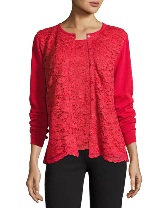 Joan Vass Lace Inset Button Front Long Sleeve Cardigan Neiman Marcus