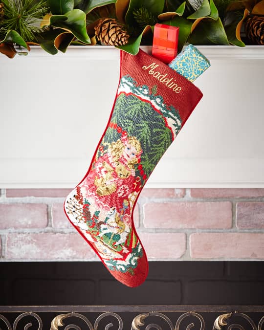 Sferra Pink Doll with Bear Needlepoint Stocking Neiman Marcus