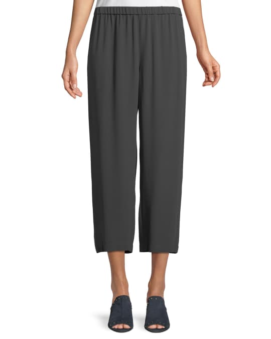 Eileen Fisher Straight-Leg Silk Crepe Pants w/ Side Piping | Neiman Marcus
