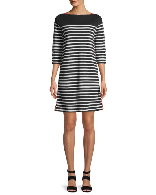 Joan Vass Petite Colorblock Striped 3/4-Sleeve Dress | Neiman Marcus