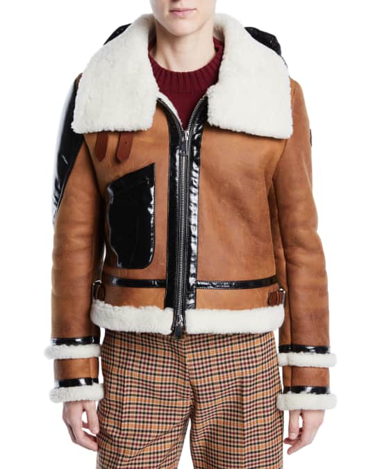 Moncler Crabier Mixed-Media Leather Jacket w/ Contrast Hood